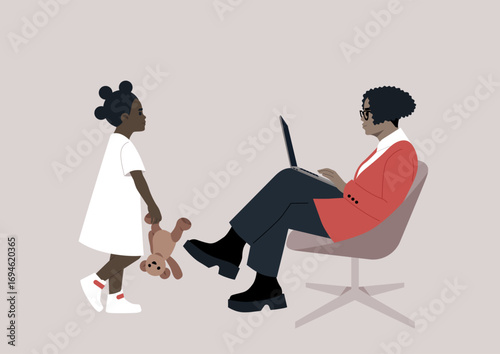 A curly-haired woman sits absorbed in her laptop in a stylish chair, paying no attention to a child standing beside her, clutching a teddy bear, longing for her notice