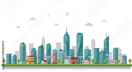 Modern urban cityscape with skyscrapers and green spaces in flat design
