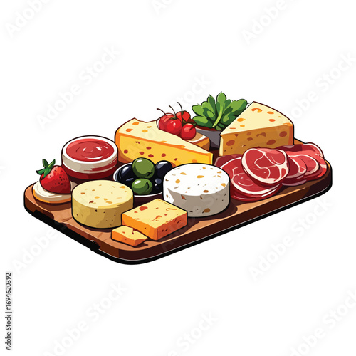 hand drawn vector illustration of charcuterie board with cheese, appetizer, ham, olives, restaurant, tapas, spanish food vector on white background