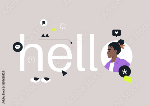A curly-haired woman avatar radiates positivity while interacting in a lively digital realm, symbolizing connection and engagement with others in a colorful backdrop