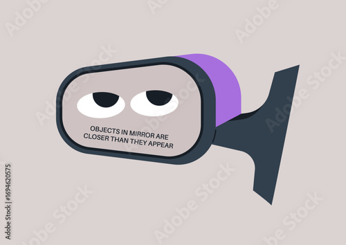 This whimsical rear mirror showcases an intriguing design with wide eyes, adding a playful touch to the pastel background while sparking thoughts about perception and distance