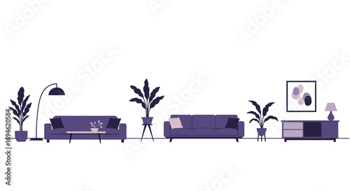 Modern flat living room designs with minimalist furniture in purple tones