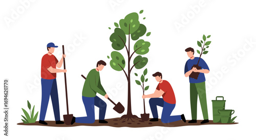 Group planting trees together for environmental conservation in flat design