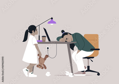 In a serene home office, a weary parent rests their head on a desk, overwhelmed by fatigue, Nearby, a lonely child clutches a teddy bear, longing for connection and playtime