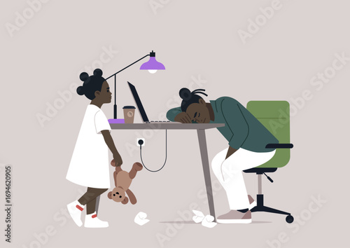 In a serene home office, a weary parent rests their head on a desk, overwhelmed by fatigue, Nearby, a lonely child clutches a teddy bear, longing for connection and playtime