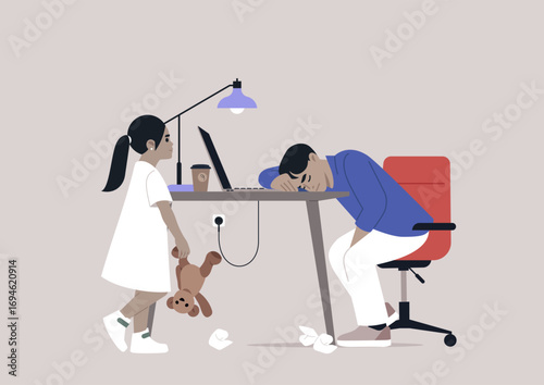 In a serene home office, a weary parent rests their head on a desk, overwhelmed by fatigue, Nearby, a lonely child clutches a teddy bear, longing for connection and playtime
