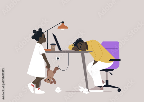 In a serene home office, a weary parent rests their head on a desk, overwhelmed by fatigue, Nearby, a lonely child clutches a teddy bear, longing for connection and playtime