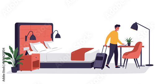 Modern hotel room interior with guest and luggage in flat style