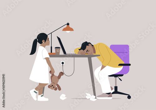 In a serene home office, a weary parent rests their head on a desk, overwhelmed by fatigue, Nearby, a lonely child clutches a teddy bear, longing for connection and playtime