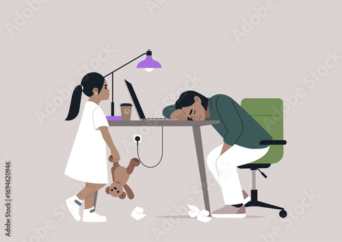 In a serene home office, a weary parent rests their head on a desk, overwhelmed by fatigue, Nearby, a lonely child clutches a teddy bear, longing for connection and playtime