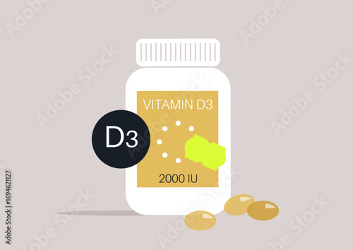 A bottle of vitamin D3 sits prominently, showcasing its benefits for immune health and bone strength, Soft lighting emphasizes its importance for wellness routines and supplementation.
