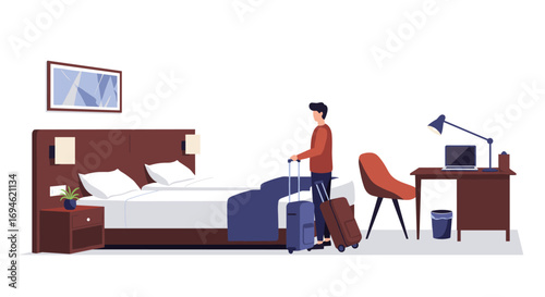 Business traveler in modern hotel room with luggage and desk in flat style