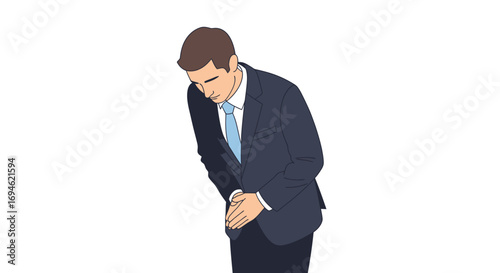 A professional businessman in a formal suit bowing deeply, a gesture of respect, apology, or greeting. Vector illustration of business etiquette