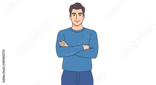A confident and approachable young adult man illustration, standing with arms crossed, conveying a sense of readiness and positive engagement in a clear, modern graphic style