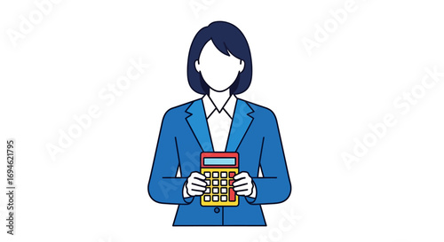 Anonymous female professional in a suit jacket holding a red calculator, concept for finance, budgeting, and corporate accounting