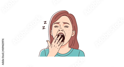 Illustration of a tired young woman yawning from exhaustion and sleepiness, covering her mouth with her hand