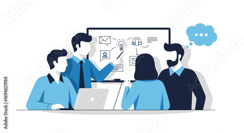 Creative business team engaged in a collaborative brainstorming session, discussing project strategy and new ideas with a whiteboard