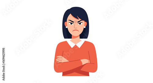A vector illustration capturing a displeased woman with her arms crossed, portraying strong feelings of anger, frustration, and irritation, set against a clean white background