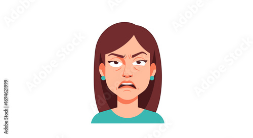Furious young woman's face showing extreme anger and dissatisfaction. A flat vector cartoon character head for expressing negative emotions