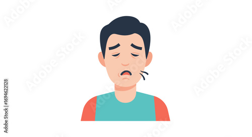 Vector illustration of a sick young man with a distressed expression, experiencing nausea and drooling as a symptom of illness or poisoning