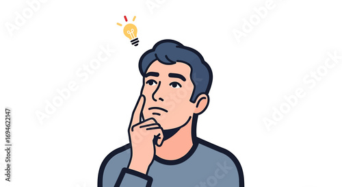 Illustration of a thoughtful man having a brilliant idea, symbolized by a lit lightbulb. A concept of creativity, innovation, and problem-solving
