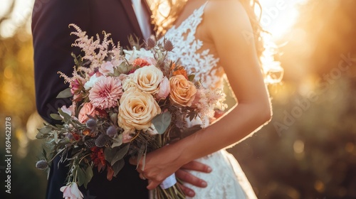 A bride and groom holding a bouquet of flowers in a garden at sunset.