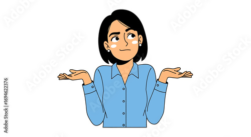 Confused young woman shrugging her shoulders making a I don't know gesture. Vector illustration of a person expressing doubt and uncertainty
