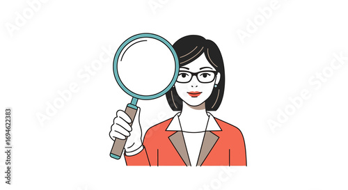 Professional woman with glasses holding a magnifying glass, symbolizing research, investigation, and business analysis
