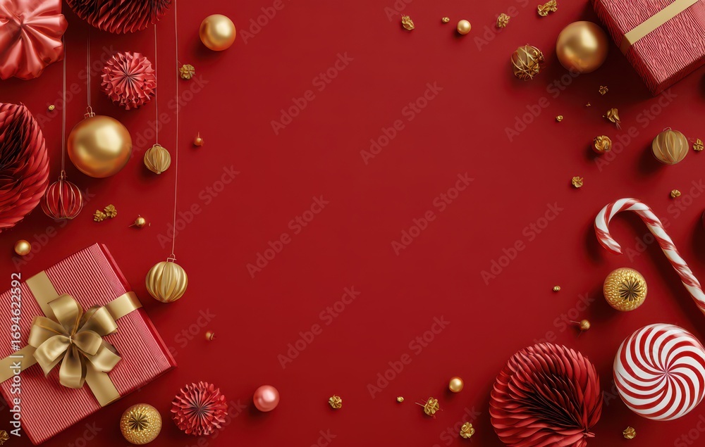 Fototapeta premium A copy space on a red background, a card banner template design, golden decorative elements, a 3d illustration, a red paper texture, and christmas atmosphere decor elements