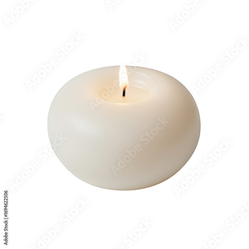 White floating candle with a lit wick isolated on transparent background