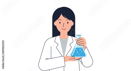 Vector illustration of a female scientist in a white lab coat holding a chemical flask with blue liquid for a research experiment
