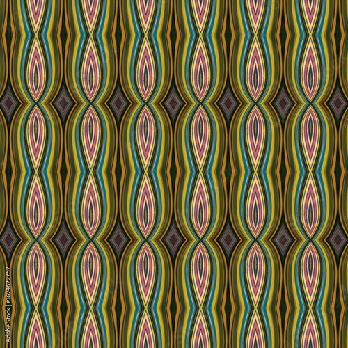 Seamless retro geometric pattern in earthy green, pink, and mustard tones. Stylish abstract design for textiles, fashion, and creative backgrounds.
