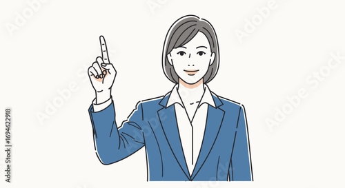 Confident businesswoman in a blue suit pointing skyward, symbolizing new ideas, opportunities, or a clear focus on the future ahead