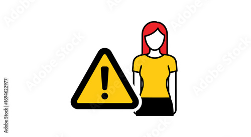 Woman next to a warning sign, representing danger, caution, and alert in an illustrated vector style