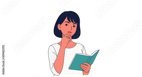 Young woman with hand on chin pondering over a book, a concept of learning, questioning, and critical thinking