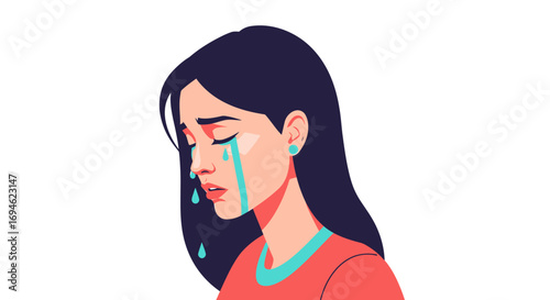Vector illustration of a sad, depressed young woman crying alone, isolated on a white background, representing mental health issues