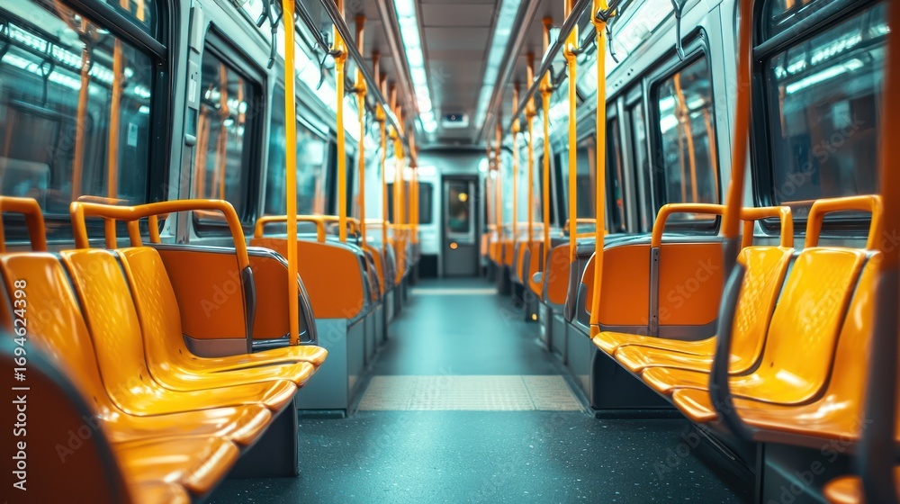 Fototapeta premium Empty subway car with orange seats and yellow handles.