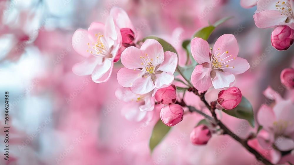 Fototapeta premium Pink cherry blossoms against a blurred background.