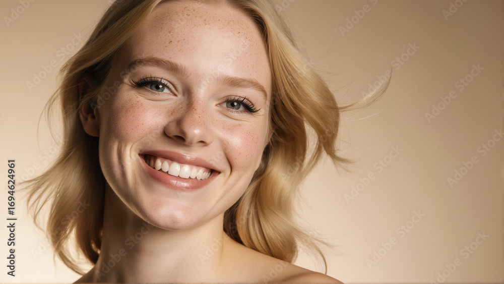 Fototapeta premium A beauty shot with a warm and inviting smile. The young woman looks directly at the camera, conveying confidence and sensuality.