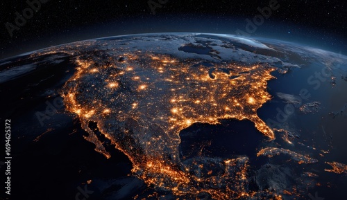 Night view of the United States from space.  Cities illuminated