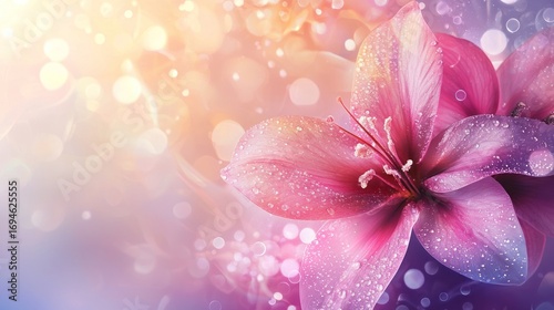 Two pink lilies with water droplets on their petals against a blurred background.