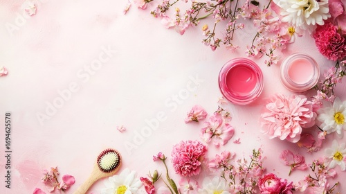 Pink flowers and a pink candle on a pink background.
