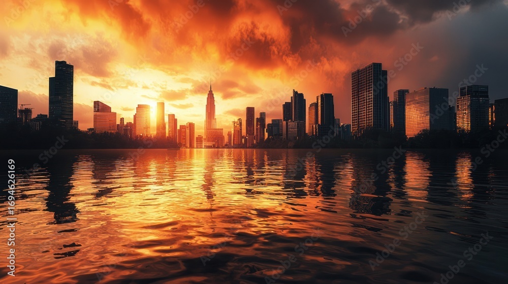 Fototapeta premium City skyline at sunset with a river in the foreground.