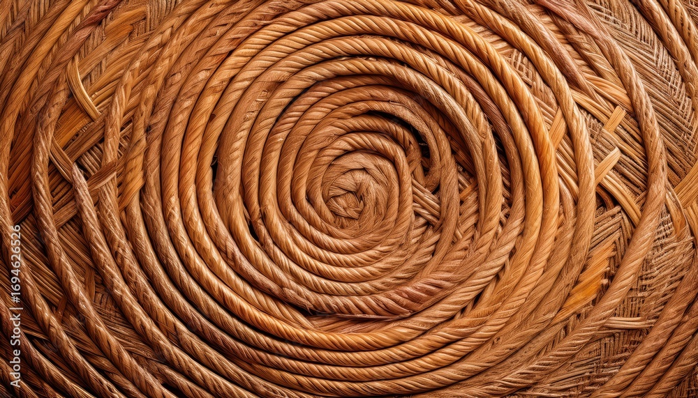 Fototapeta premium close-up of woven textured rattan spiral pattern with intricate natural fibers for rustic decor or sustainable design background
