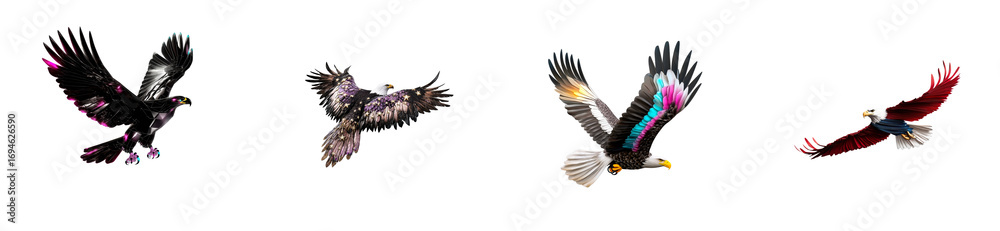 Obraz premium Collection of four eagles with colorful stylized wings on transparent background, cut out
