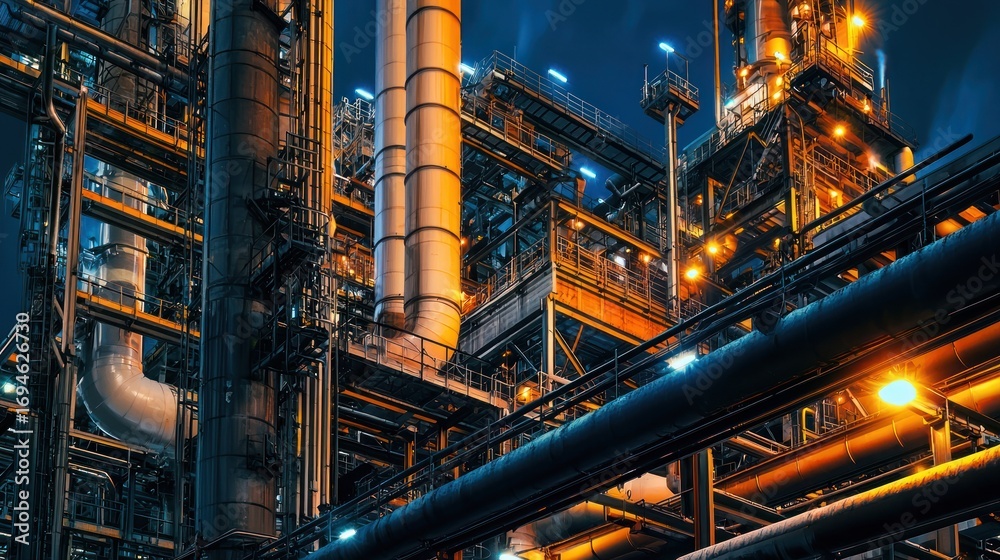 Fototapeta premium A large industrial plant with pipes and lights at night.