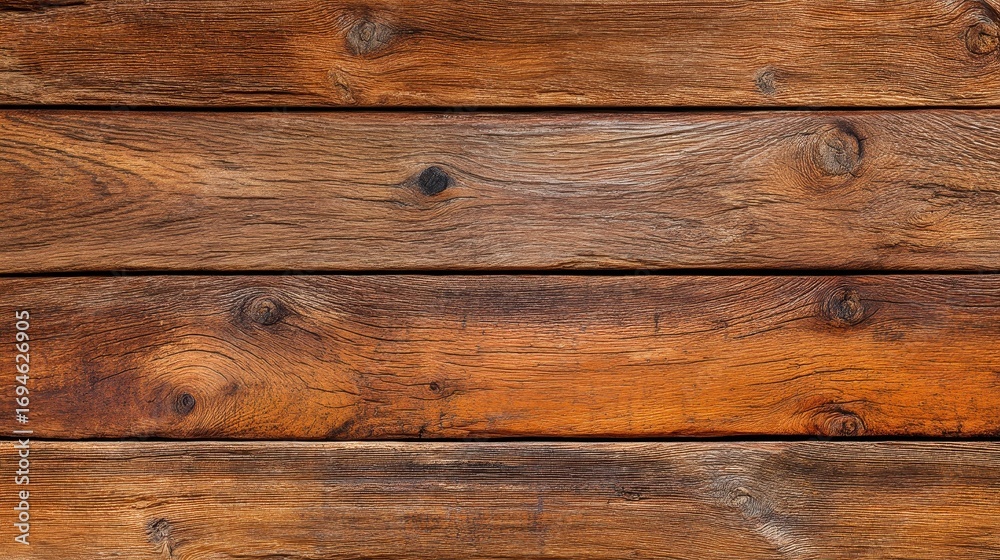 Fototapeta premium Rustic brown weathered wood texture background with natural grain patterns and knots on old horizontal planks