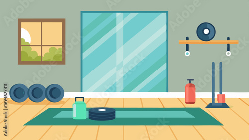 A home gym with light wood floors and a wall filled with mirrors. A simple yoga mat and a set of weights are neatly p in the corner.