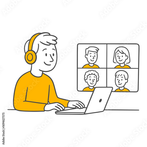 Stick figure illustration of an employee with headphones attending an online meeting and communicating with four people on screen.