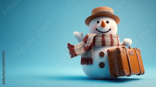 Cute snowman character with a hat and scarf holding a vintage suitcase for winter travel on a blue background